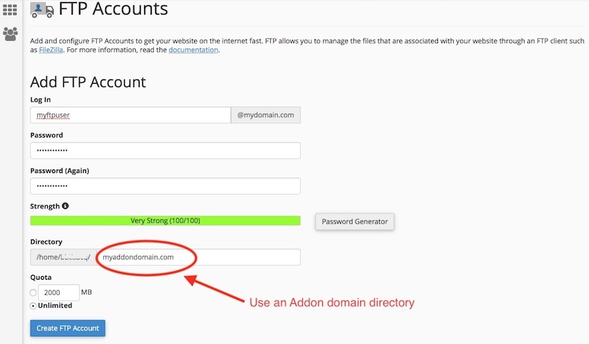FTP User for an Addon domain directory